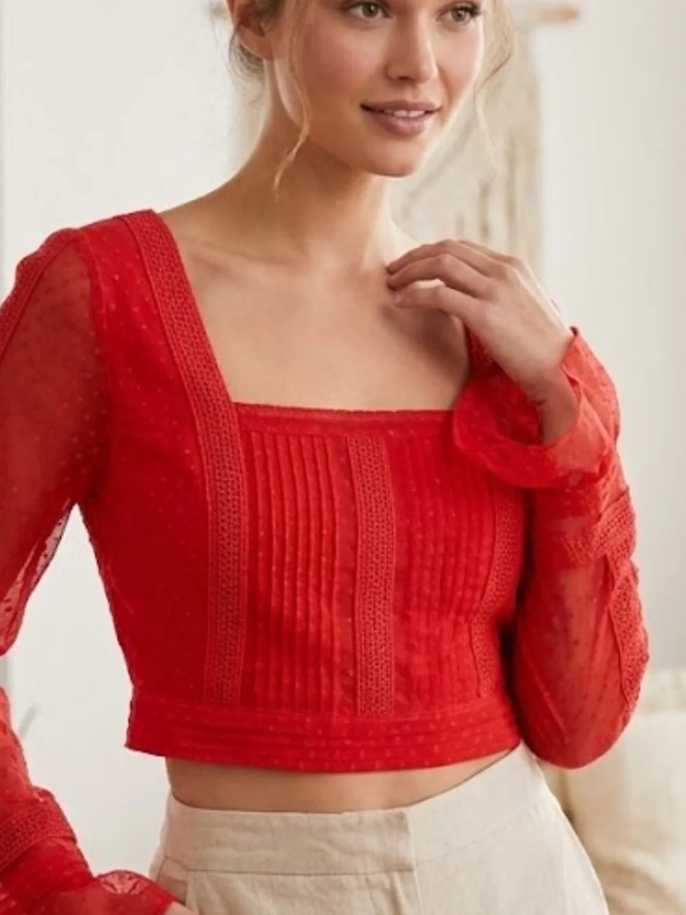 Anthropologie Red Lace Square-Neck Crop Top